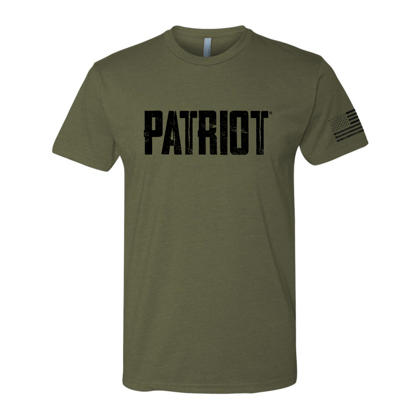 Military green t shirt with black PATRIOT logo on the chest and a black distressed American flag on the left sleeve.