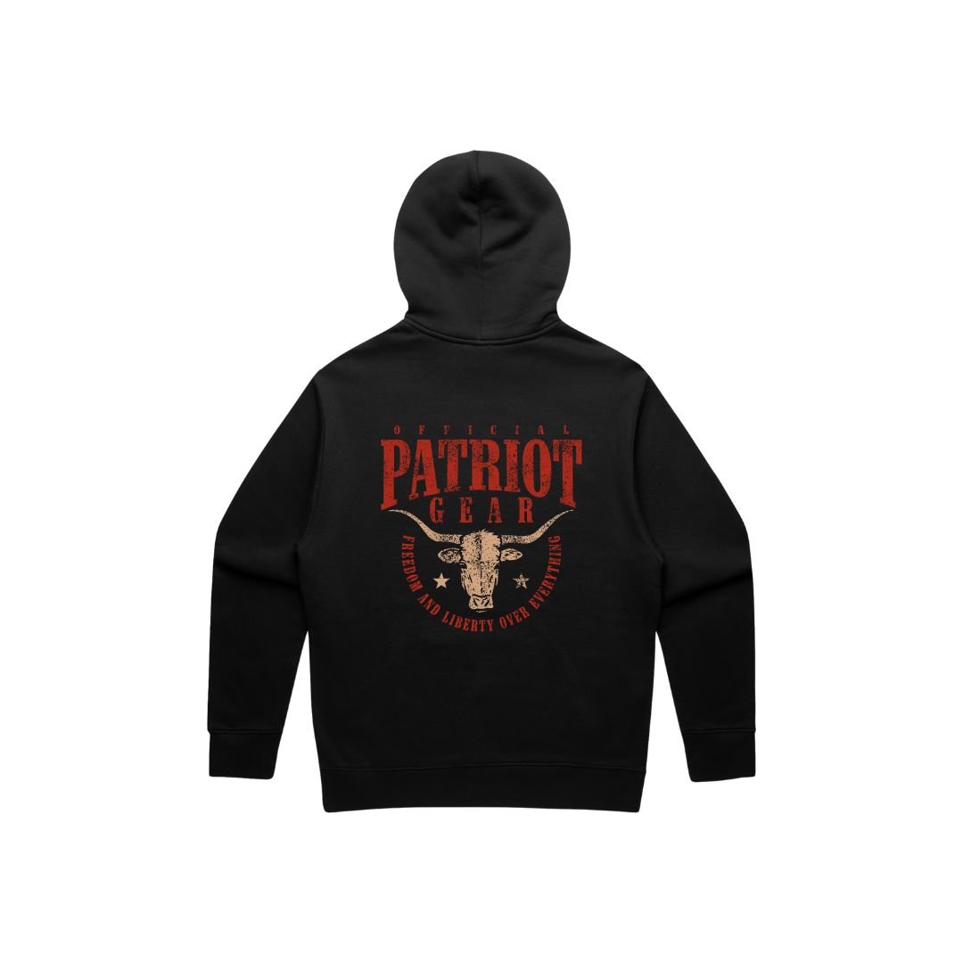 The back of a black hooded sweatshirt. Printed on the back are the words OFFICIAL PATRIOT GEAR in red above a an steer skull with stars on either side. Underneath, in an upside down arch, are the words freedom and liberty over everything (in red ink).