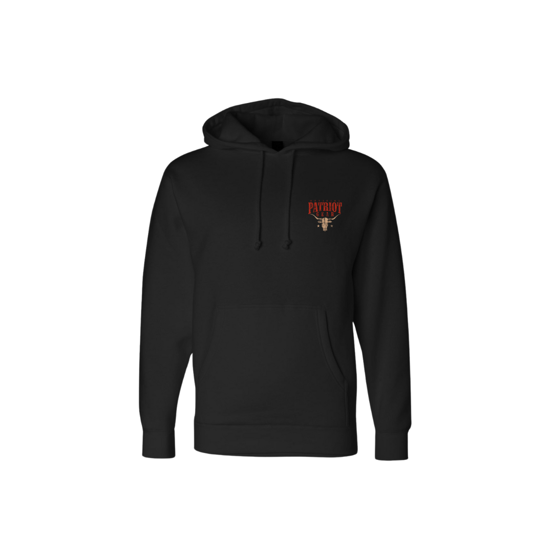 The front of the hoodie has a small tan steer skull on the front left chest with the words "Official Patriot Gear" in red ink.