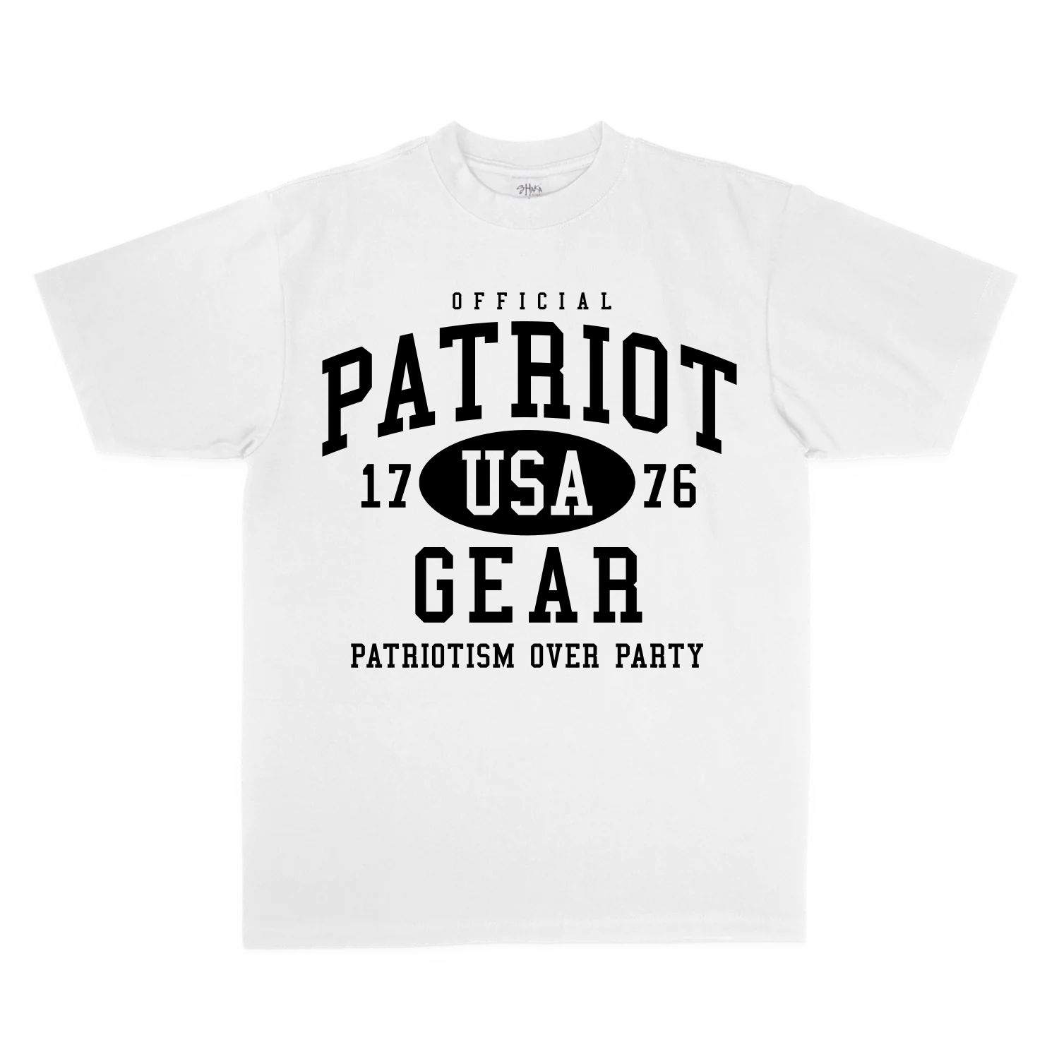 White oversized T-shirt from Official Patriot Gear, featuring a bold white collegiate-style graphic on the front. The design includes "OFFICIAL PATRIOT GEAR" in large black letters, with "USA" inside an oval between the numbers "17" and "76." Below, the slogan "PATRIOTISM OVER PARTY" is displayed in capital letters. The shirt has a classic crew neck and short sleeves, with a relaxed, athletic fit.