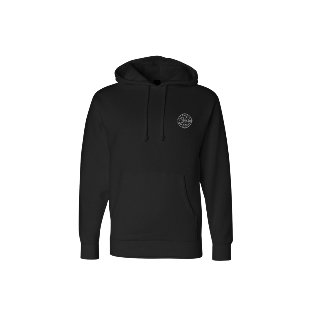 The front of a black hoodie with a small circular logo on the left chest. It features a USA design (the letters U, S, & A intertwined) and Official Patriot Gear around the outside.