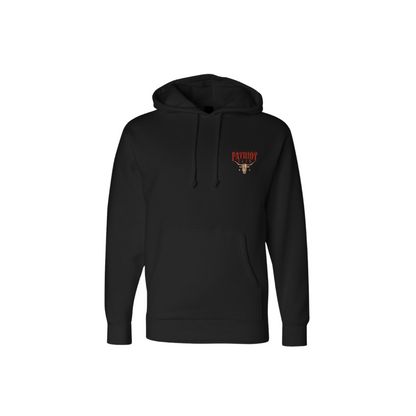 The front of the hoodie has a small tan steer skull on the front left chest with the words "Official Patriot Gear" in red ink.  