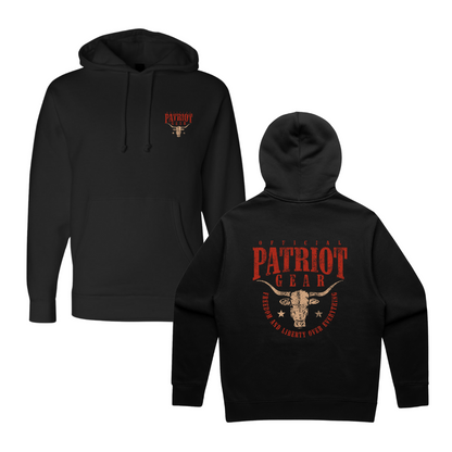 This photo features both the front and back of the hoodie. The front has a small tan steer skull on the front left chest with the words "Official Patriot Gear" in red ink.  

The back features the words OFFICIAL PATRIOT GEAR in red above a an steer skull with stars on either side. Underneath, in an upside down arch, are the words freedom and liberty over everything (in red ink). 