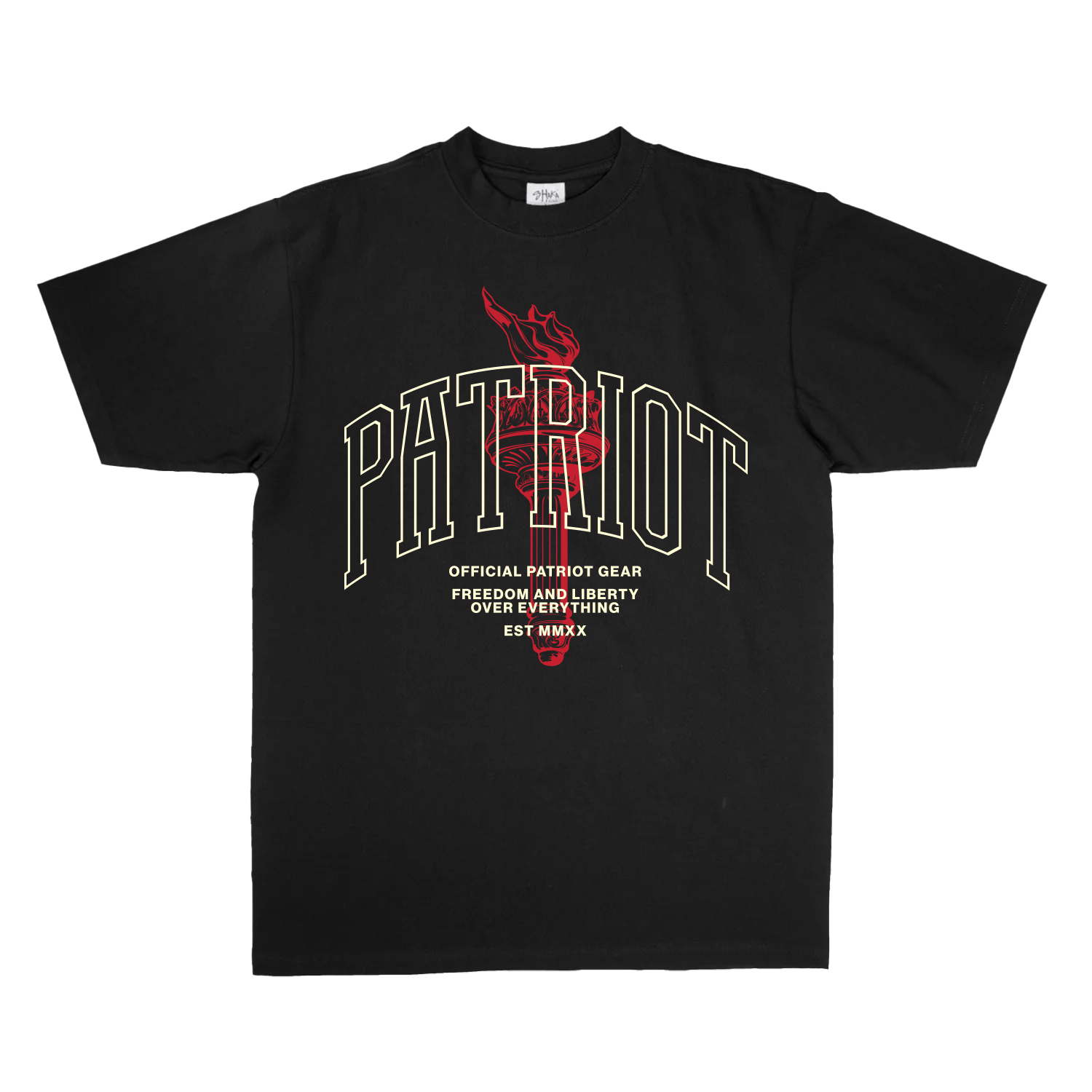 Black oversized T-shirt from Official Patriot Gear, featuring a bold collegiate-style "PATRIOT" graphic with a red torch illustration in the background. Below the main text, there is a slogan that reads "OFFICIAL PATRIOT GEAR – FREEDOM AND LIBERTY OVER EVERYTHING – EST MMXX" in white, centered on the front. The T-shirt has a classic crew neck and short sleeves.