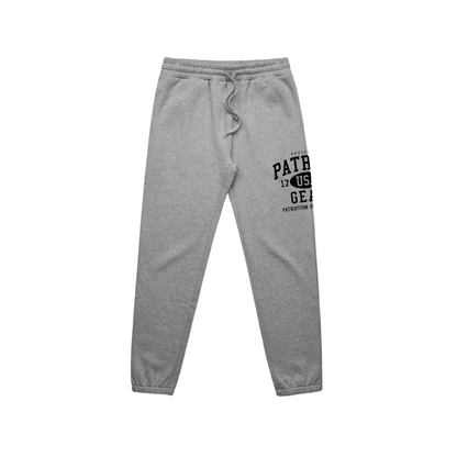 grey sweatpants with black patriot gear logo with USA 1776 in the middle and patriotism over party. Decoration is on the side of the leg, under the pocket. 