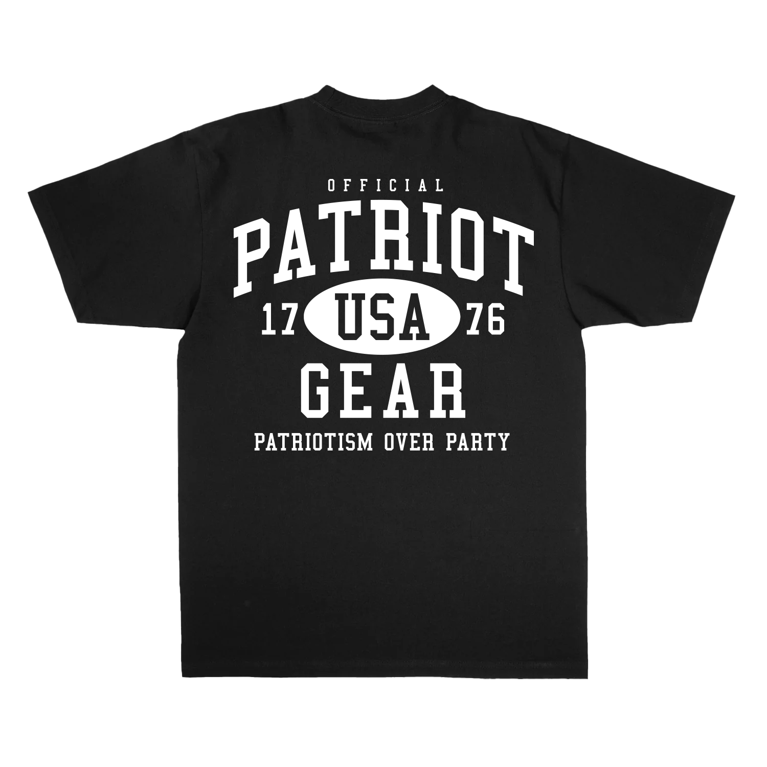 Black oversized T-shirt from Official Patriot Gear, featuring a bold white collegiate-style graphic on the back. The design includes "OFFICIAL PATRIOT GEAR" in large block letters, with "USA" inside an oval between the numbers "17" and "76." Below, the slogan "PATRIOTISM OVER PARTY" is displayed in capital letters. The shirt has a classic crew neck and short sleeves, with a relaxed, athletic fit.