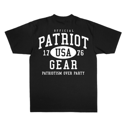 Black oversized T-shirt from Official Patriot Gear, featuring a bold white collegiate-style graphic on the back. The design includes "OFFICIAL PATRIOT GEAR" in large block letters, with "USA" inside an oval between the numbers "17" and "76." Below, the slogan "PATRIOTISM OVER PARTY" is displayed in capital letters. The shirt has a classic crew neck and short sleeves, with a relaxed, athletic fit.