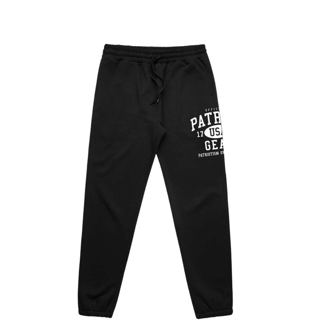 Black sweatpants with white patriot gear logo with USA 1776 in the middle and patriotism over party. Decoration is on the side of the leg, under the pocket. 